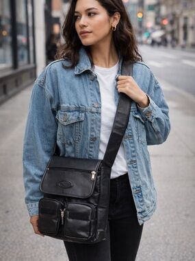 Vintage Leather Ranch Crossbody Bag Black Multi Pocket Genuine Leather